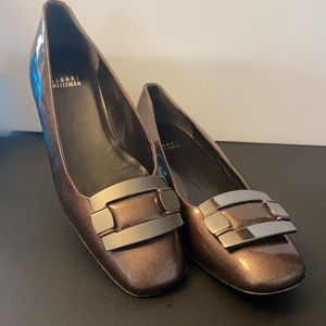 Stuart Weitzman Gunmetal Patent Leather Shiny Buckle Flats